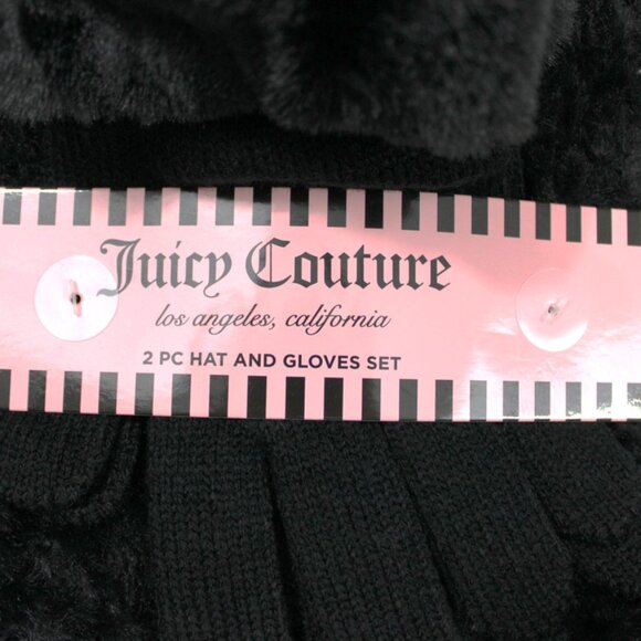 Juicy Couture Black Faux Fur Pom Hat & Knit Gloves 2-Pc Winter Set NWT - Picture 2 of 4